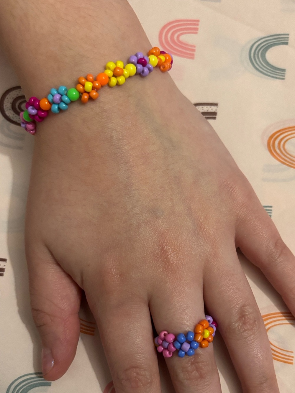 Kids Colorful Flower Bead Bracelet and Ring Set - Multicolor